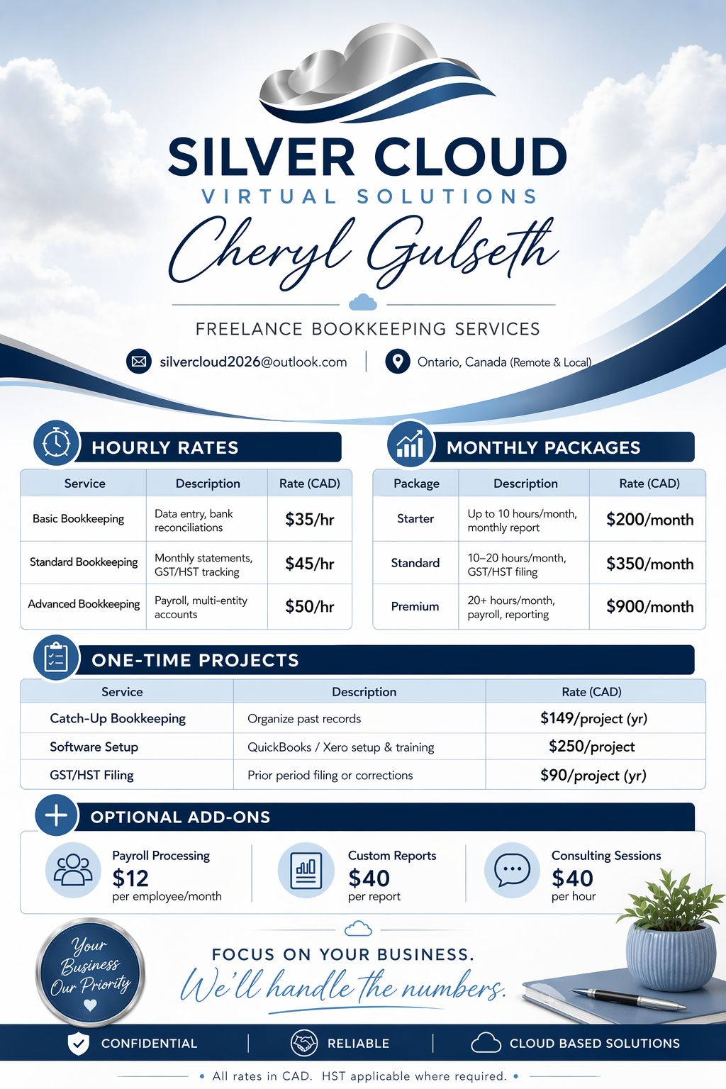 bookkeeping rates - click for full size image Silver Cloud Virtual Solutions bookkeeping services promotional graphic